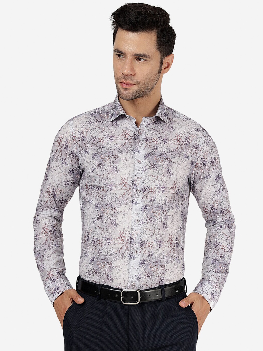

JB STUDIO Slim Fit Floral Printed Spread Collar Cotton Formal Shirt, Purple