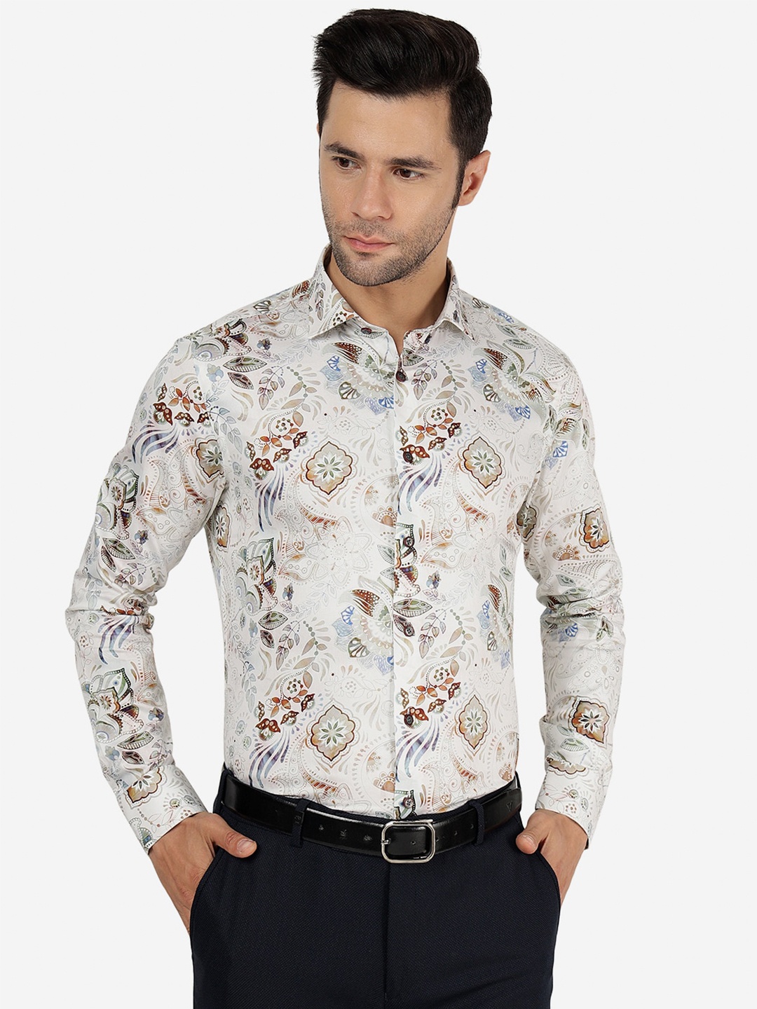 

JB STUDIO Slim Fit Ethnic Motifs Printed Spread Collar Cotton Formal Shirt, White