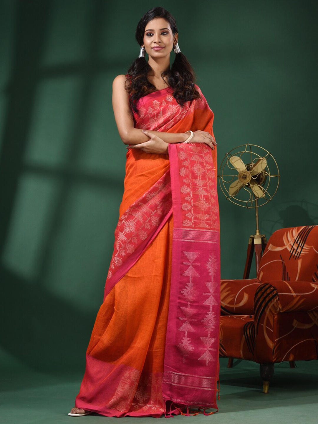 

Charukriti Ethnic Motifs Woven Design Zari Pure Linen Saree, Orange