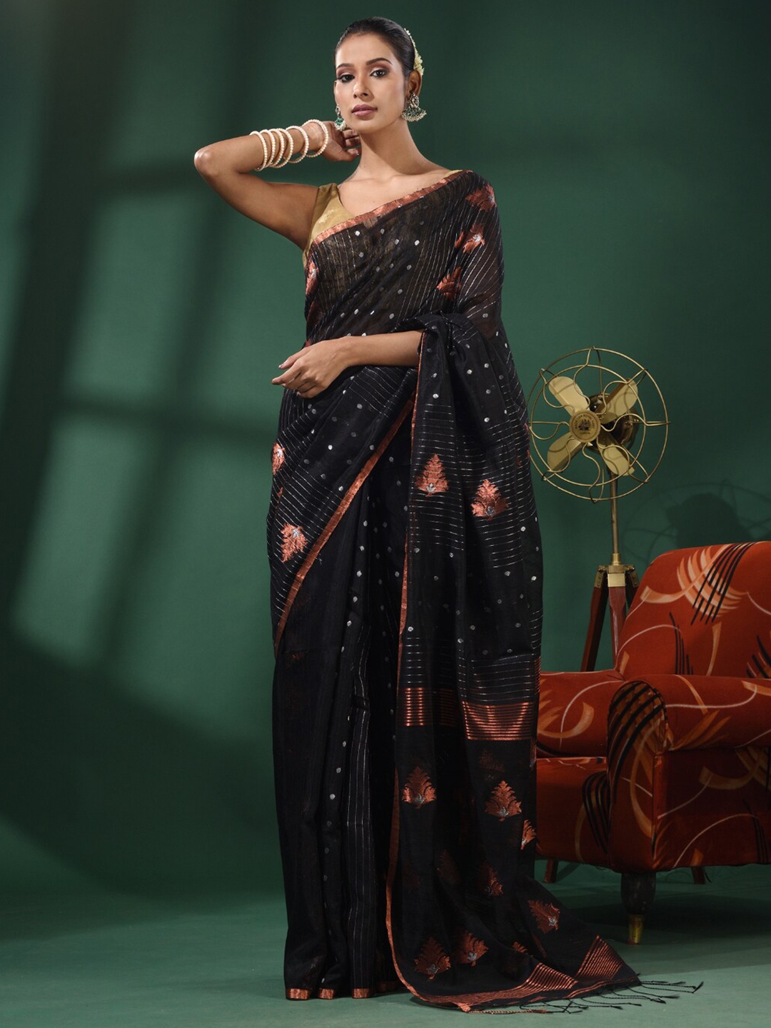 

Charukriti Striped Woven Design Zari Pure Silk Saree, Black