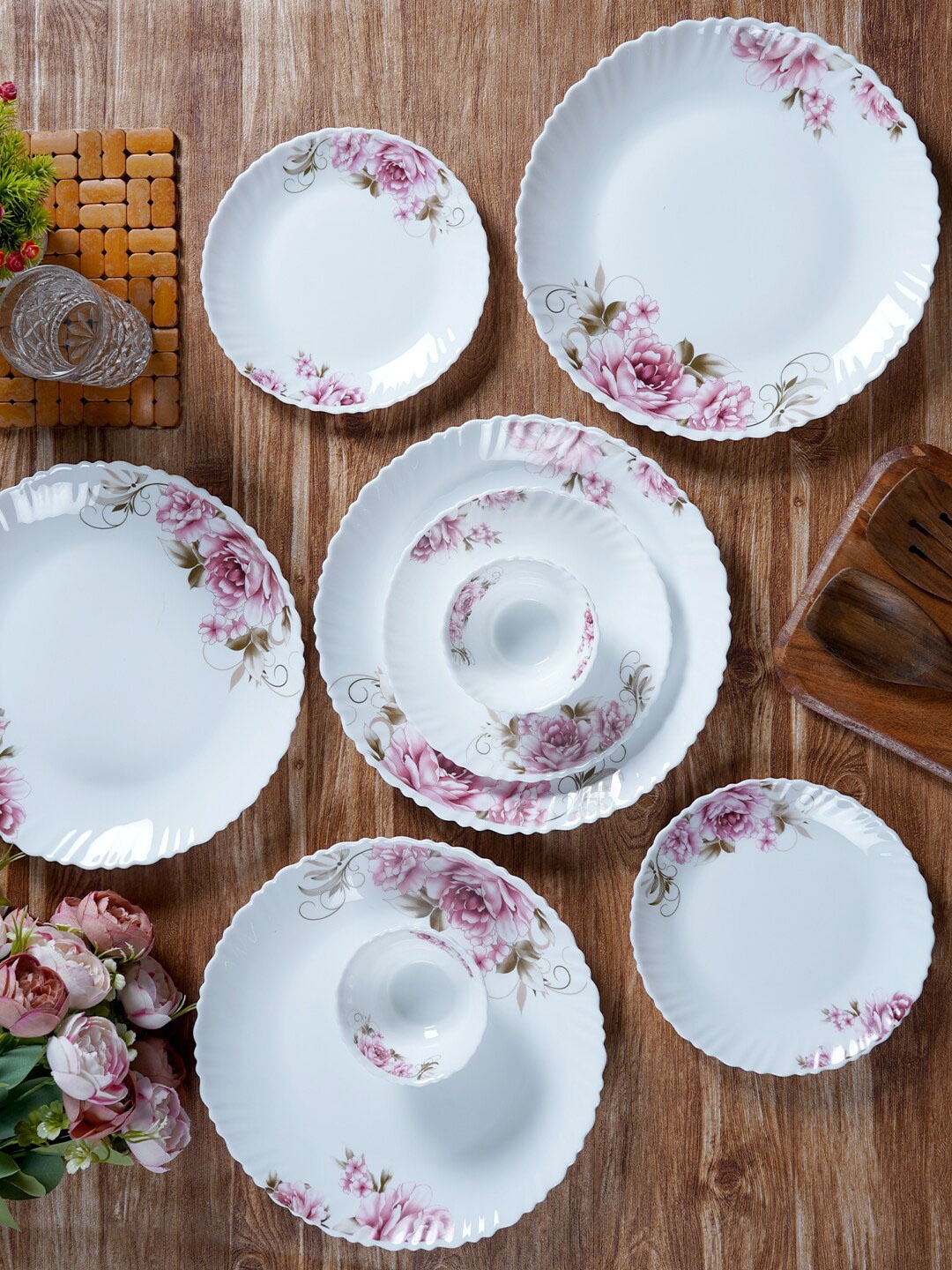 

CDI White & Pink 12 Pieces Floral Printed Opalware Glossy Dinner Set