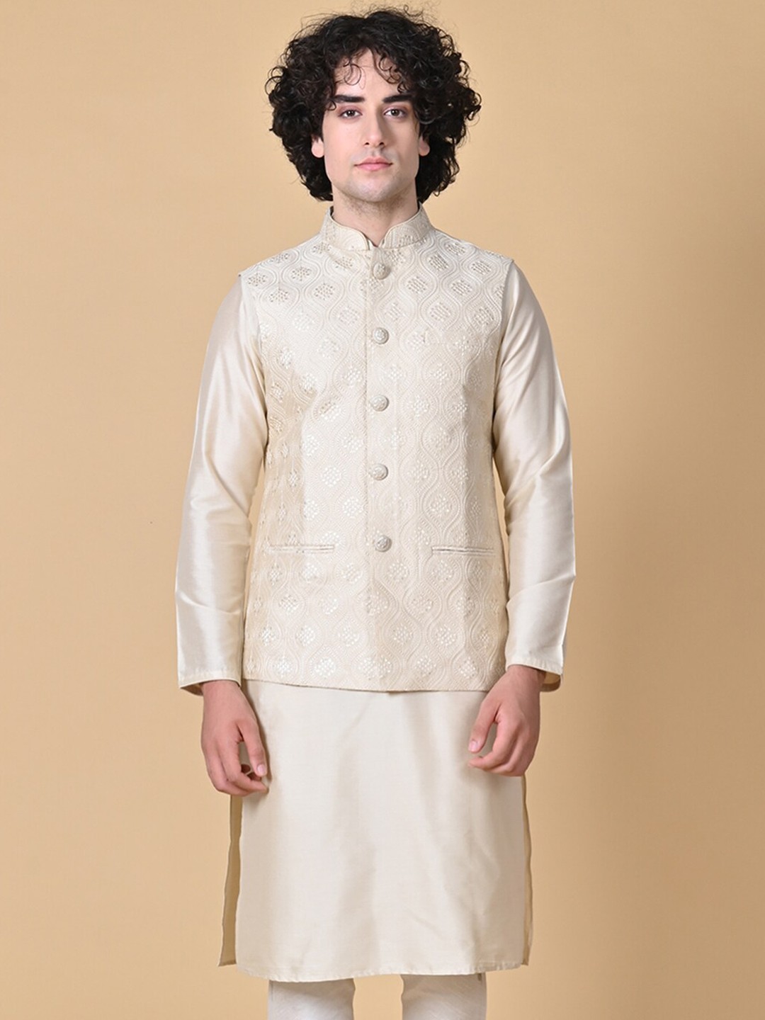 

MAAHI FABS Mandarin Collar Kurta with Churidar & Nehru jacket, Beige