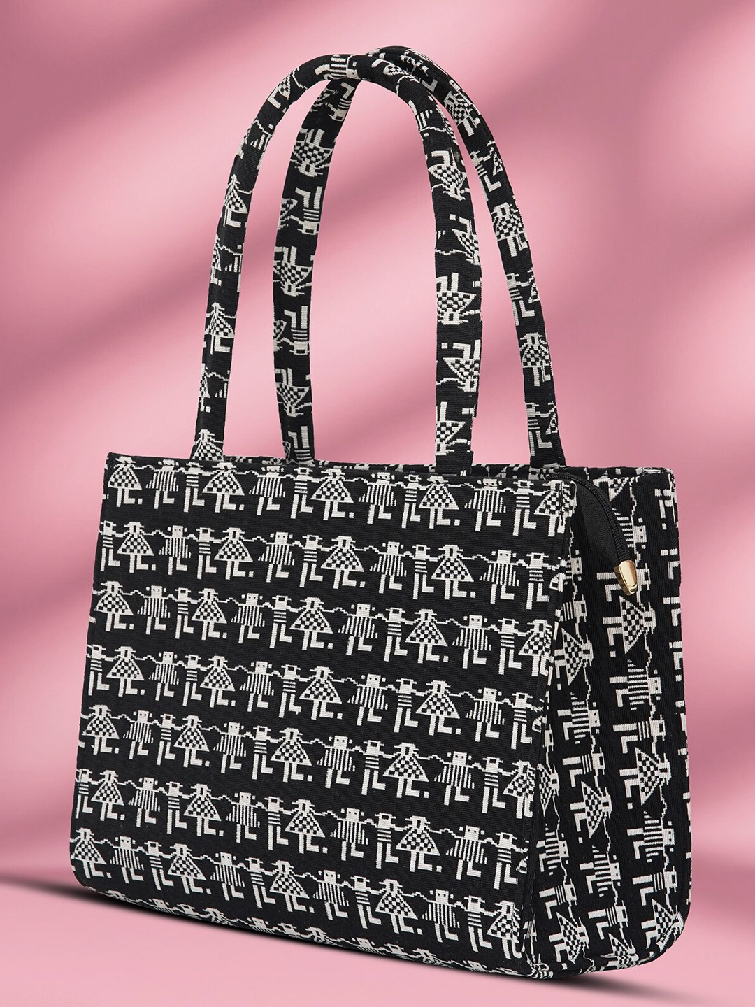 

LEKHX Ethnic Motifs Printed Oversized Shopper Tote Bag, Black