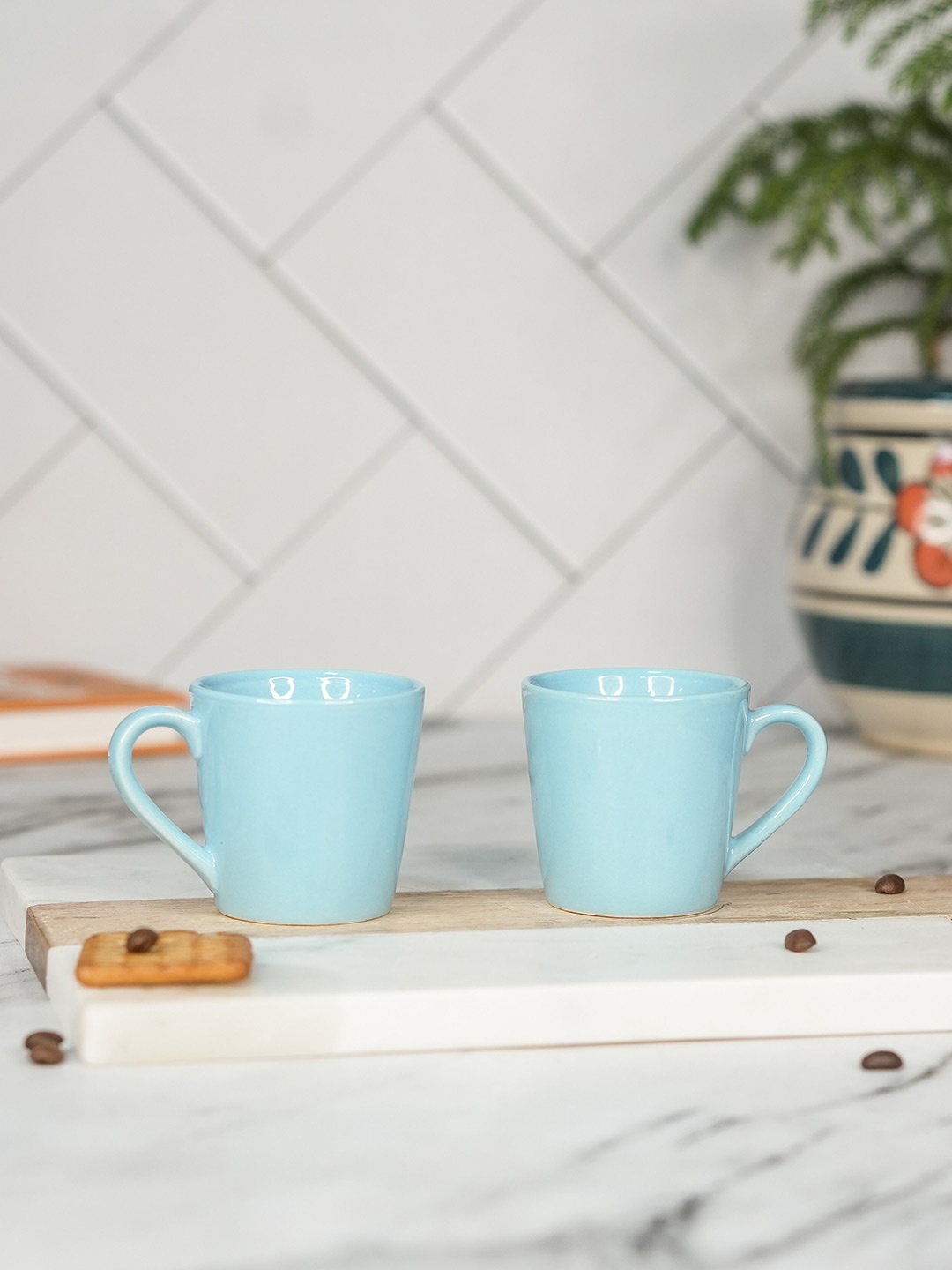 

LIVING ROOTS Blue 6 Pieces Ceramic Glossy Coffee Or Tea Cups 110 ML Each