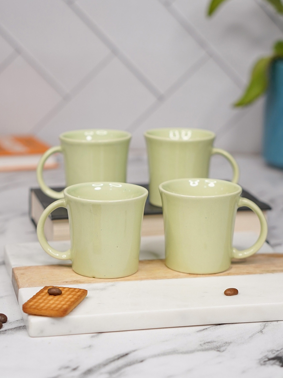

LIVING ROOTS Green 4 Pieces Ceramic Glossy Coffee Or Tea Cups 150 ML Each