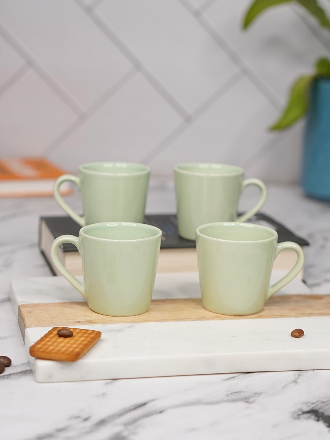 

LIVING ROOTS Green 4 Pieces Ceramic Glossy Coffee Or Tea Cups 110 ML Each
