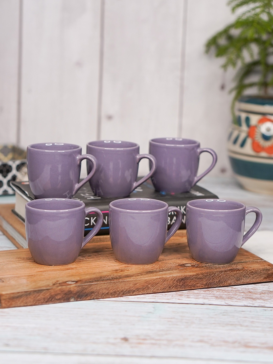 

LIVING ROOTS Purple 6 Pieces Ceramic Glossy Coffee Or Tea Cups 110 ML Each