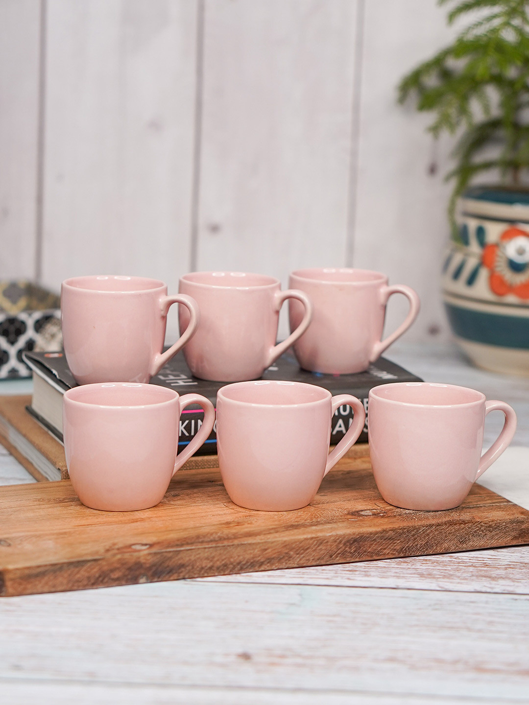 

LIVING ROOTS Pink 6 Pieces Ceramic Glossy Coffee Or Tea Cups 110 ML Each