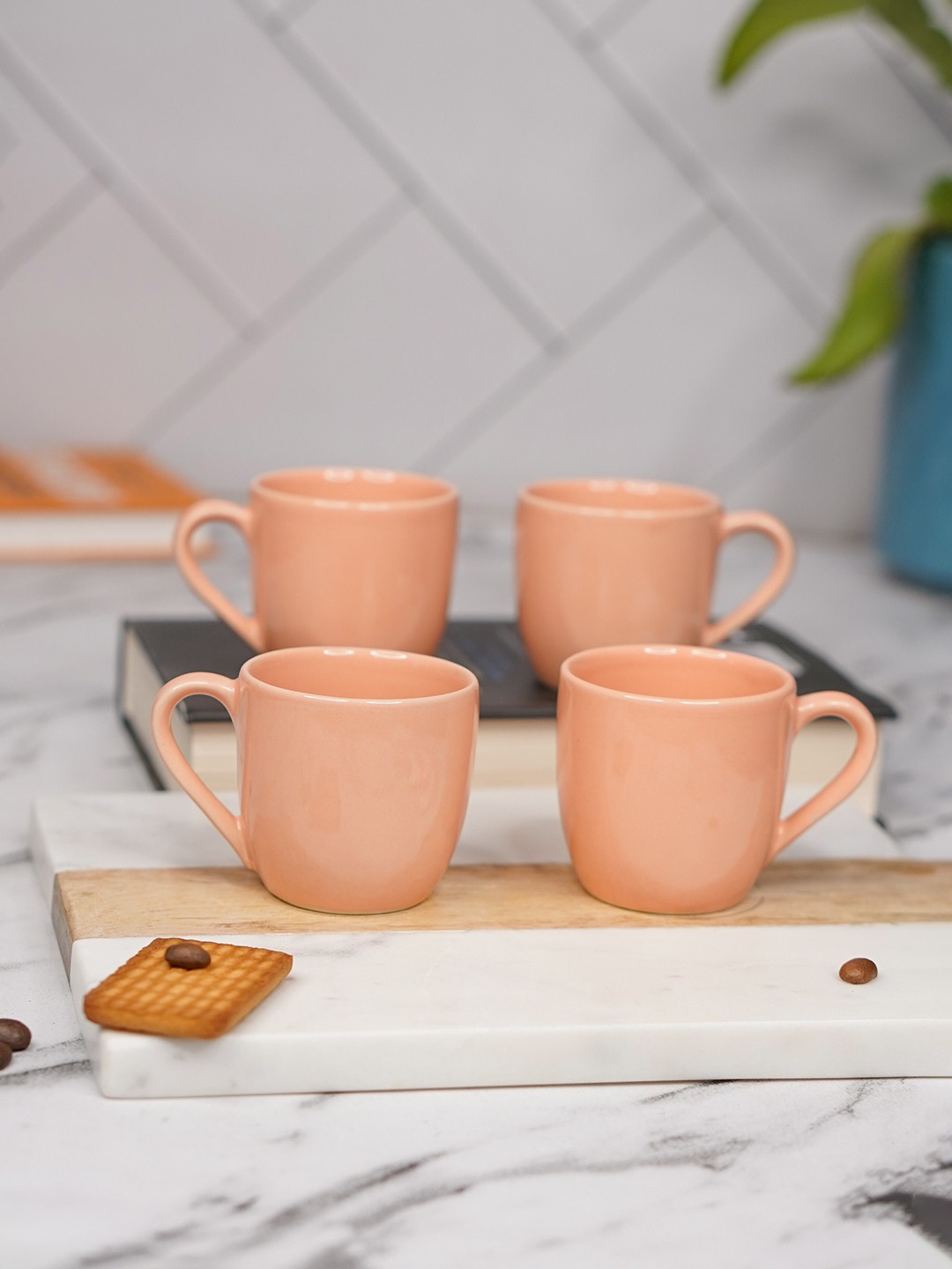 

LIVING ROOTS Peach-Coloured 4 Pieces Ceramic Glossy Coffee Or Tea Cups 110 ML Each