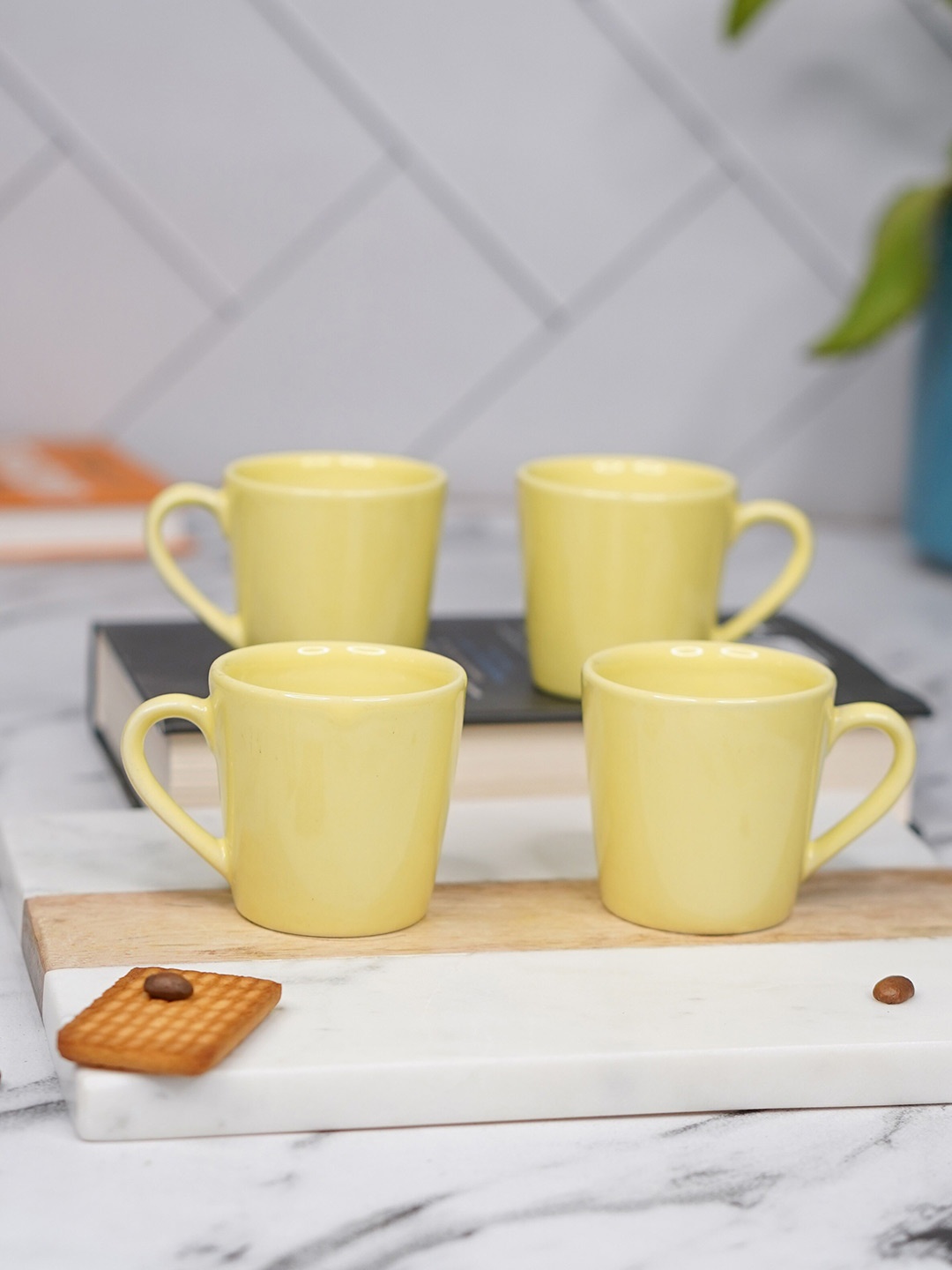 

LIVING ROOTS Yellow 4 Pieces Ceramic Glossy Coffee Or Tea Cups 110 ML Each