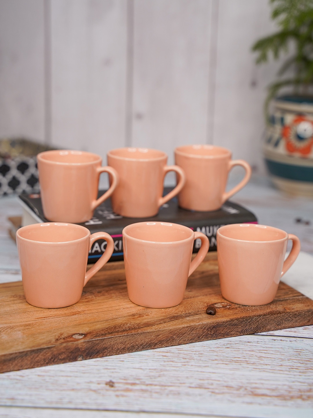 

LIVING ROOTS Peach 6 Pieces Ceramic Glossy Coffee Or Tea Cups 110 ML Each