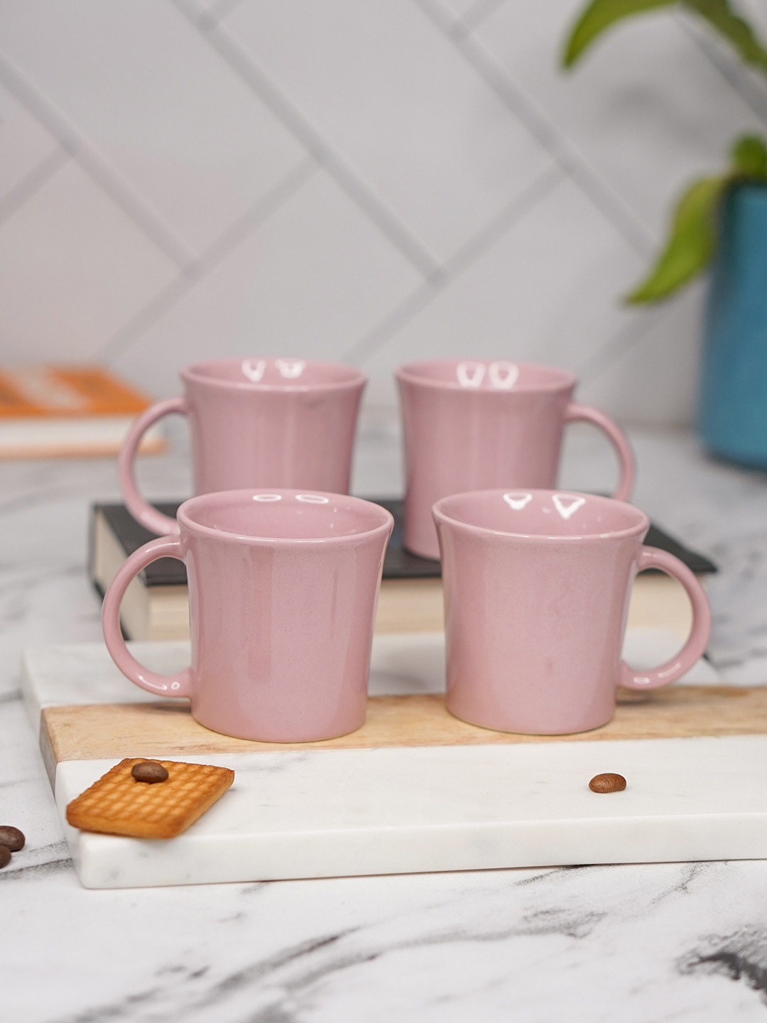 

LIVING ROOTS Pink 4 Pieces Ceramic Glossy Coffee Or Tea Cups 150 ML Each