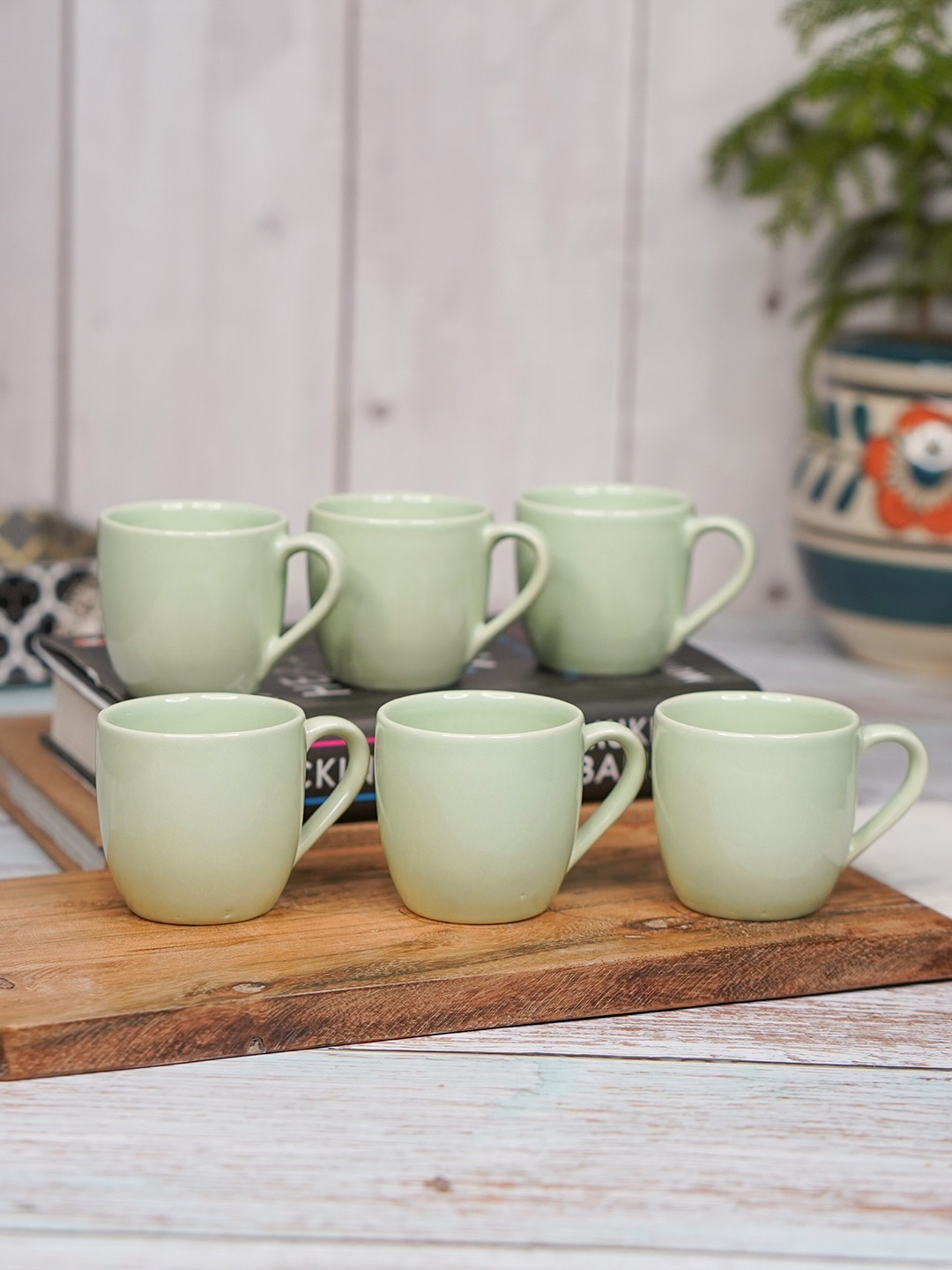 

LIVING ROOTS Green 6 Pieces Ceramic Glossy Cups 110ml each