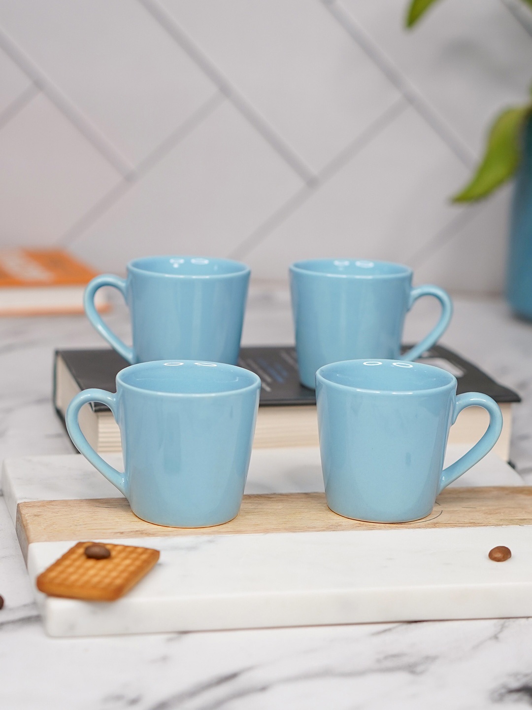 

LIVING ROOTS Blue 4 Pieces Ceramic Glossy Cups 110ml each