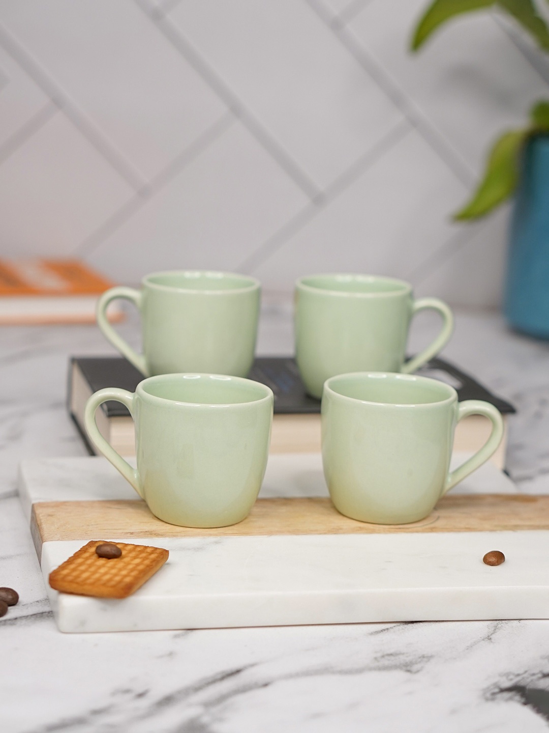 

LIVING ROOTS Green 4 Pieces Ceramic Glossy Cups 110ml
