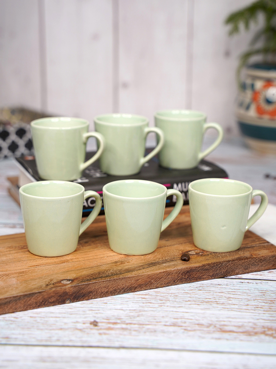 

LIVING ROOTS Green 6 Pieces Ceramic Glossy Cups 110ml each