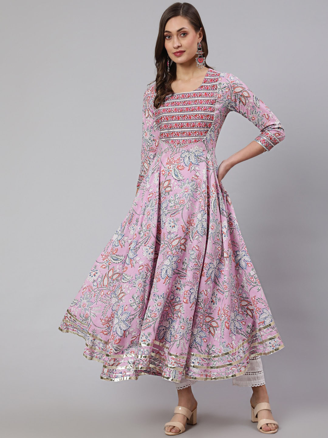 

GLAM ROOTS Floral Motifs Printed Pure Cotton Anarkali Kurta, Pink