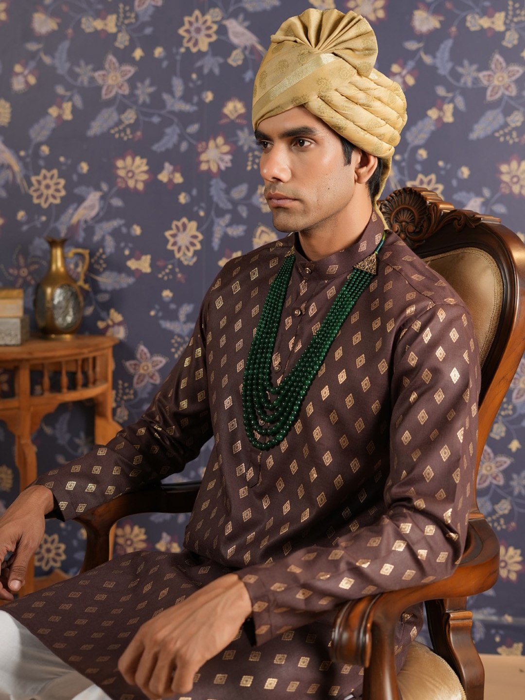 

House of Pataudi Geometric Printed Band Collar A-Line Kurta With Trouser, Brown