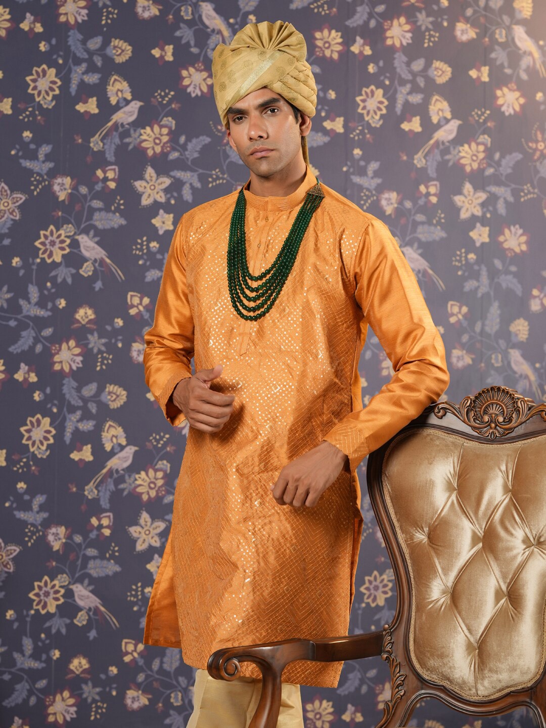 

House of Pataudi Ethnic Motifs Embroidered Mandarin Collar Sequined Kurta With Trouser, Orange