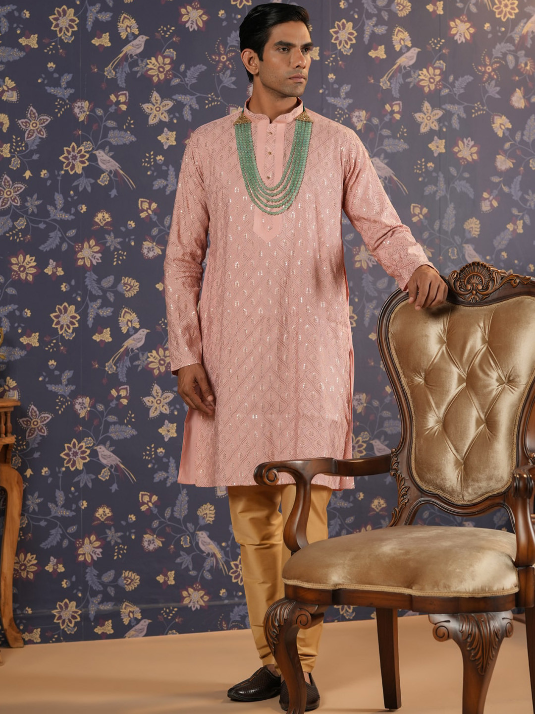 

House of Pataudi Ethnic Motifs Embroidered Mandarin Collar Straight Kurta With Churidar, Pink