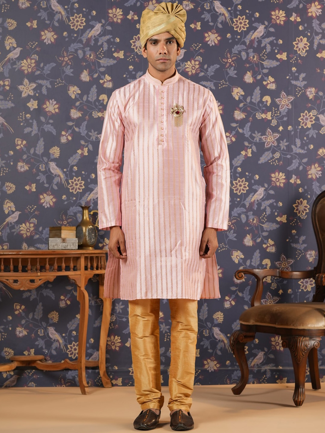 

House of Pataudi Striped Mandarin Collar Straight Kurta With Trouser, Pink