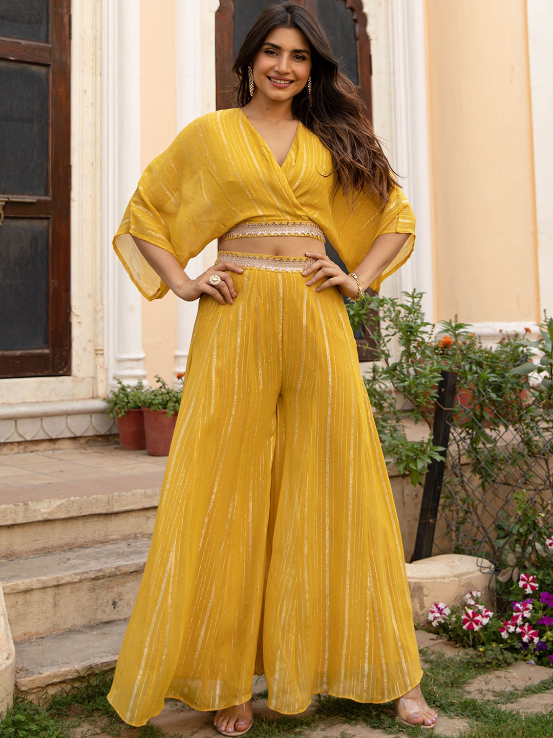 

Bunaai Self Design Crop Top & Palazzos, Yellow