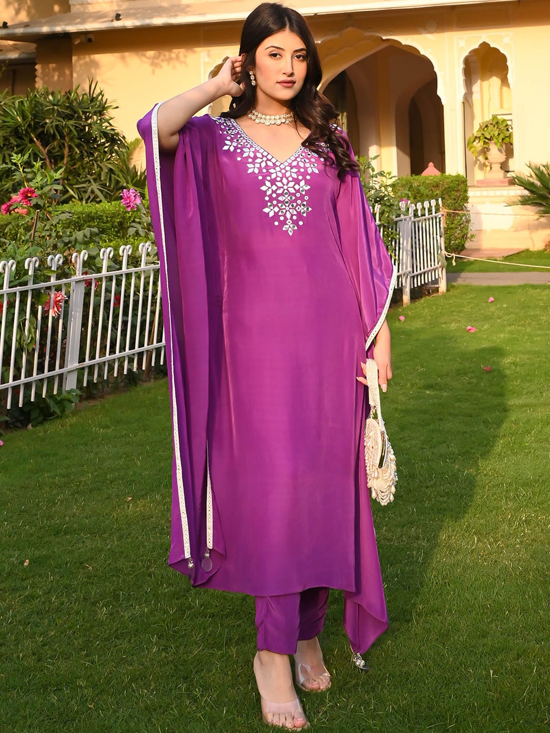 

Bunaai V-Neck Flared Sleeves Mirror Work Detailed Kaftan Kurta With Trousers, Purple