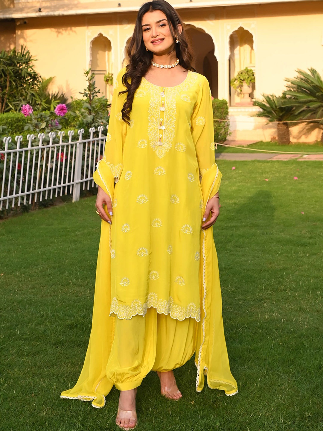 

Bunaai Ethnic Motifs Embroidered Regular Straight Kurta & Patiala With Dupatta, Yellow