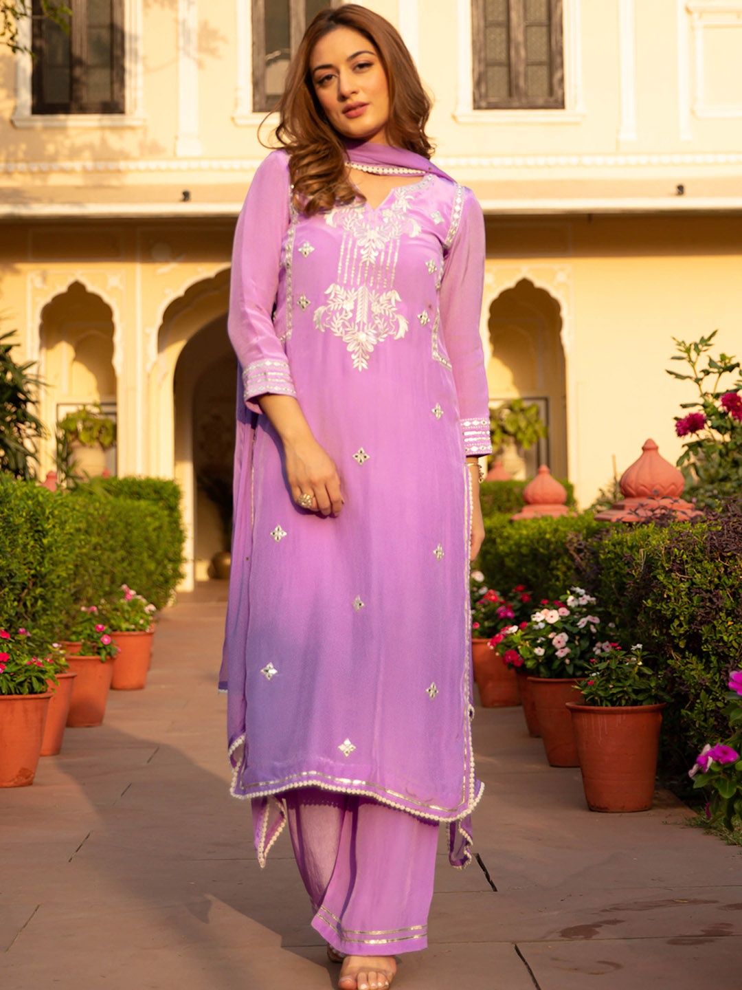 

Bunaai Ethnic Motifs Embroidered Straight Kurta with Palazzos & With Dupatta, Purple