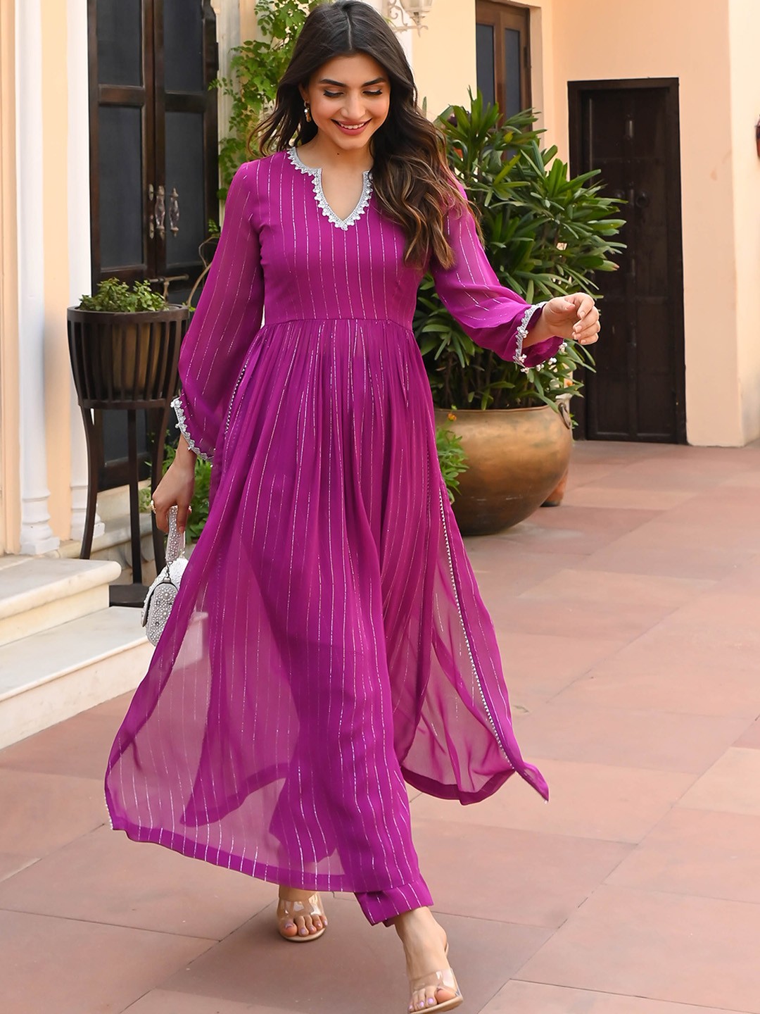 

Bunaai Striped Sequinned Detail Pleated A-Line Kurta with Trouser, Magenta