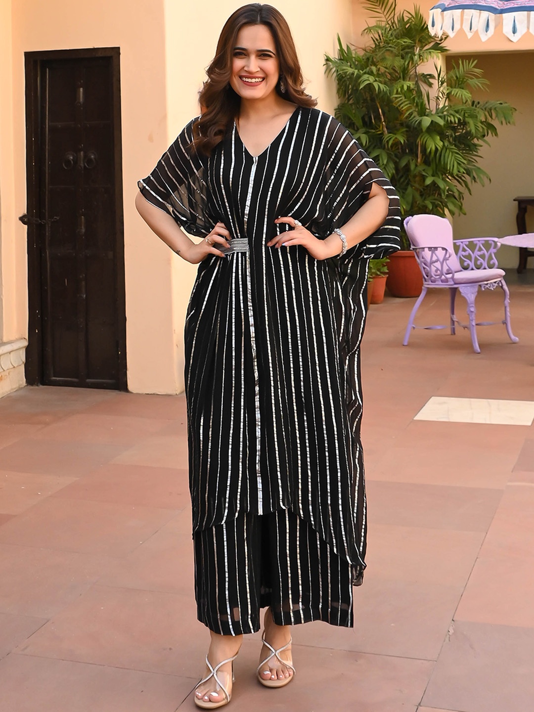 

Bunaai Striped V-Neck Gotta Patti High Low Kaftan Kurta with Palazzos, Black