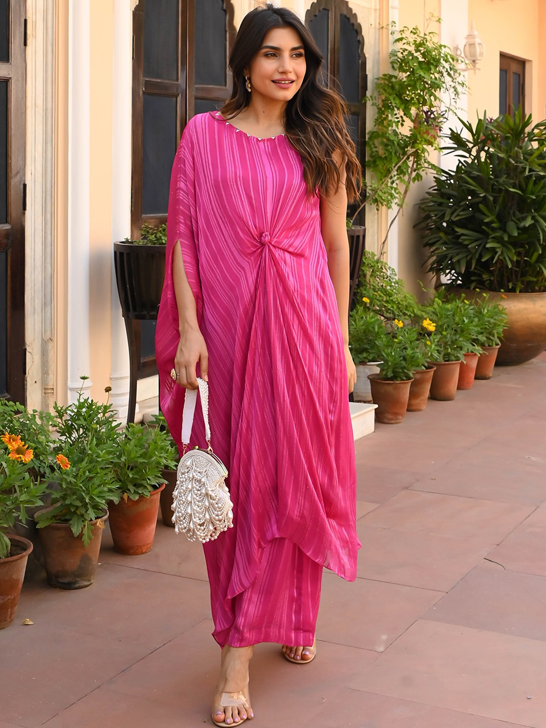 

Bunaai Striped Round Neck Flared Sleeves A-Line Kurta with Palazzos, Pink