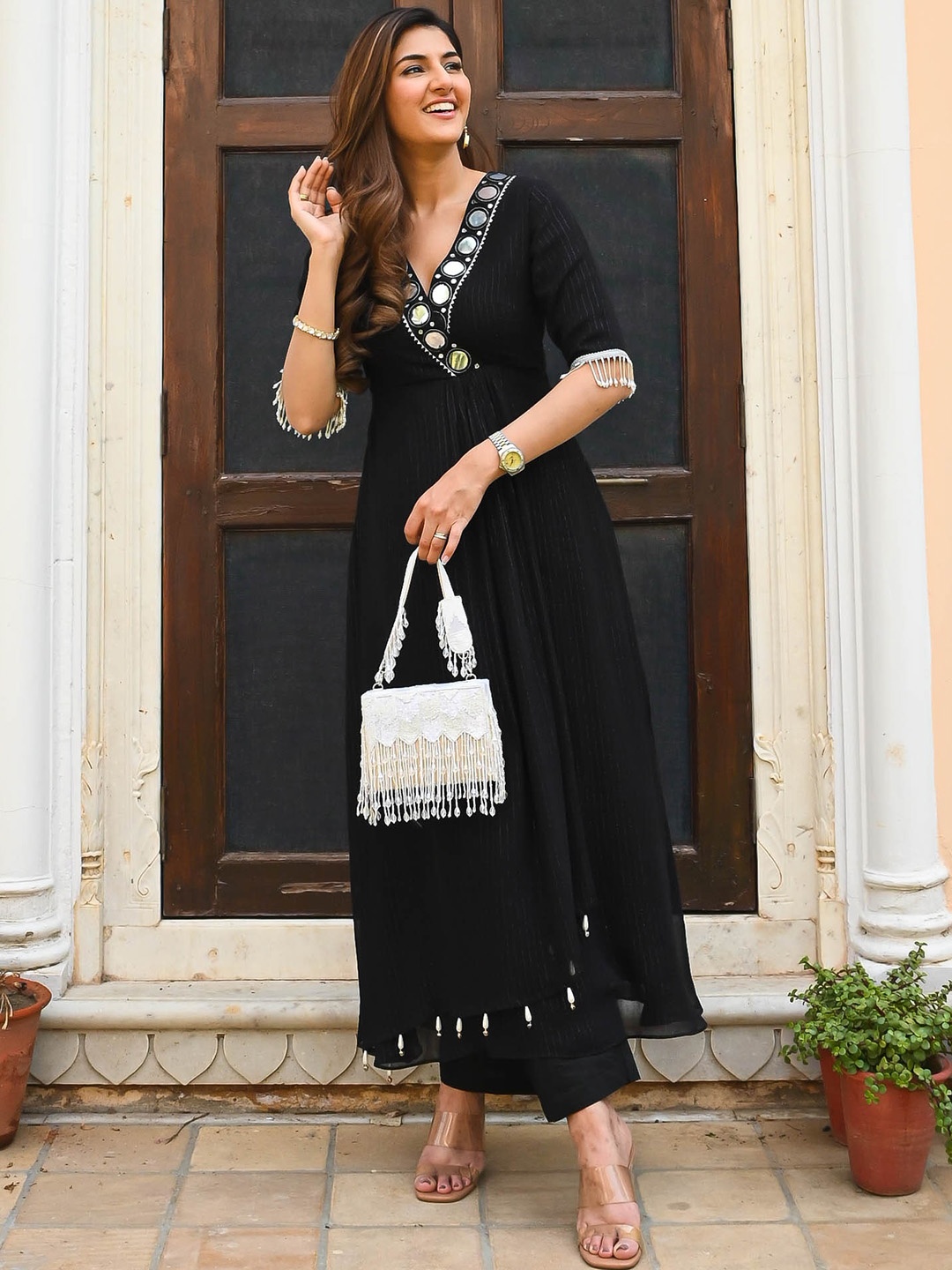 

Bunaai Striped Embellished Anarkali Mirror Work Kurta with Trousers, Black