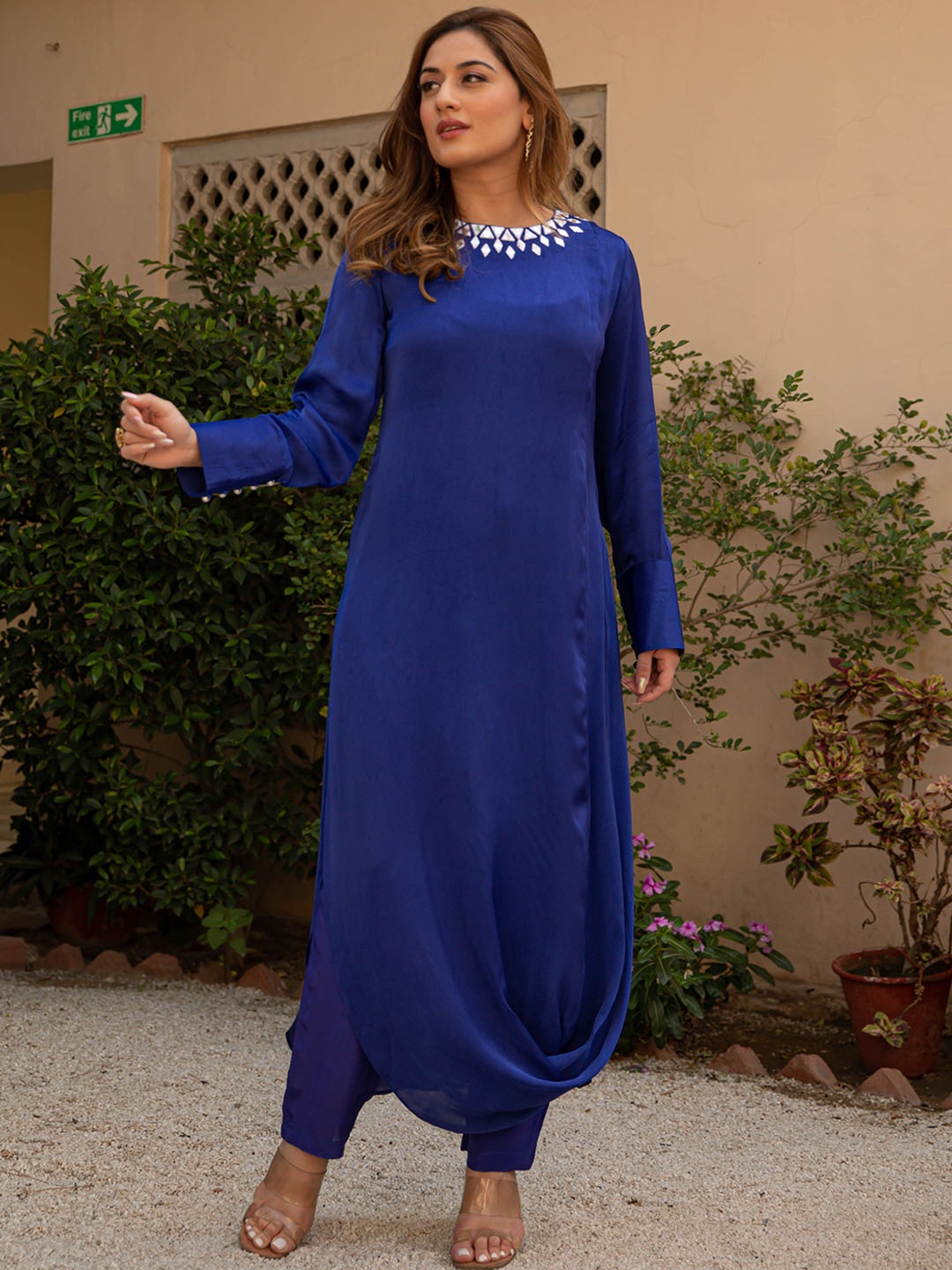 

Bunaai Mirror Work Kurta with Trousers, Blue