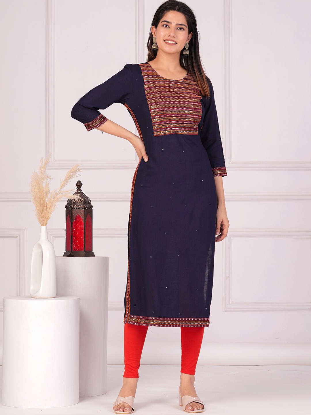 

Mizaz Geometric Yoke Design Sequinned Straight Kurta, Navy blue