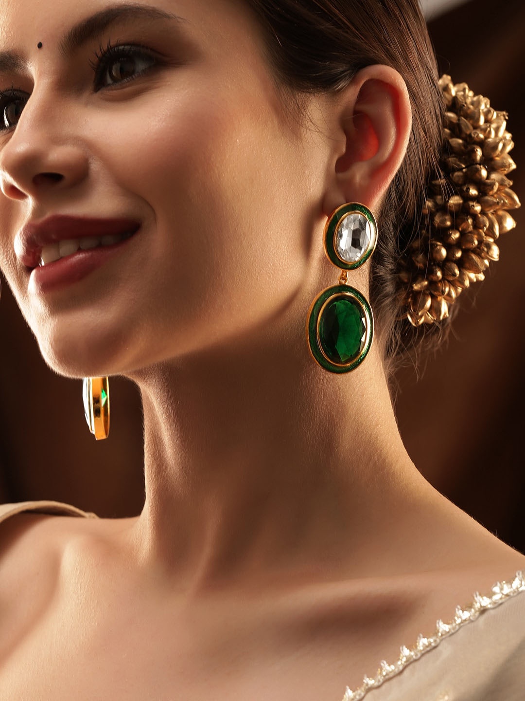 

Rubans 22K Gold Plated Crystal Emerald & White Zirconia Studded Premium Drop Earrings