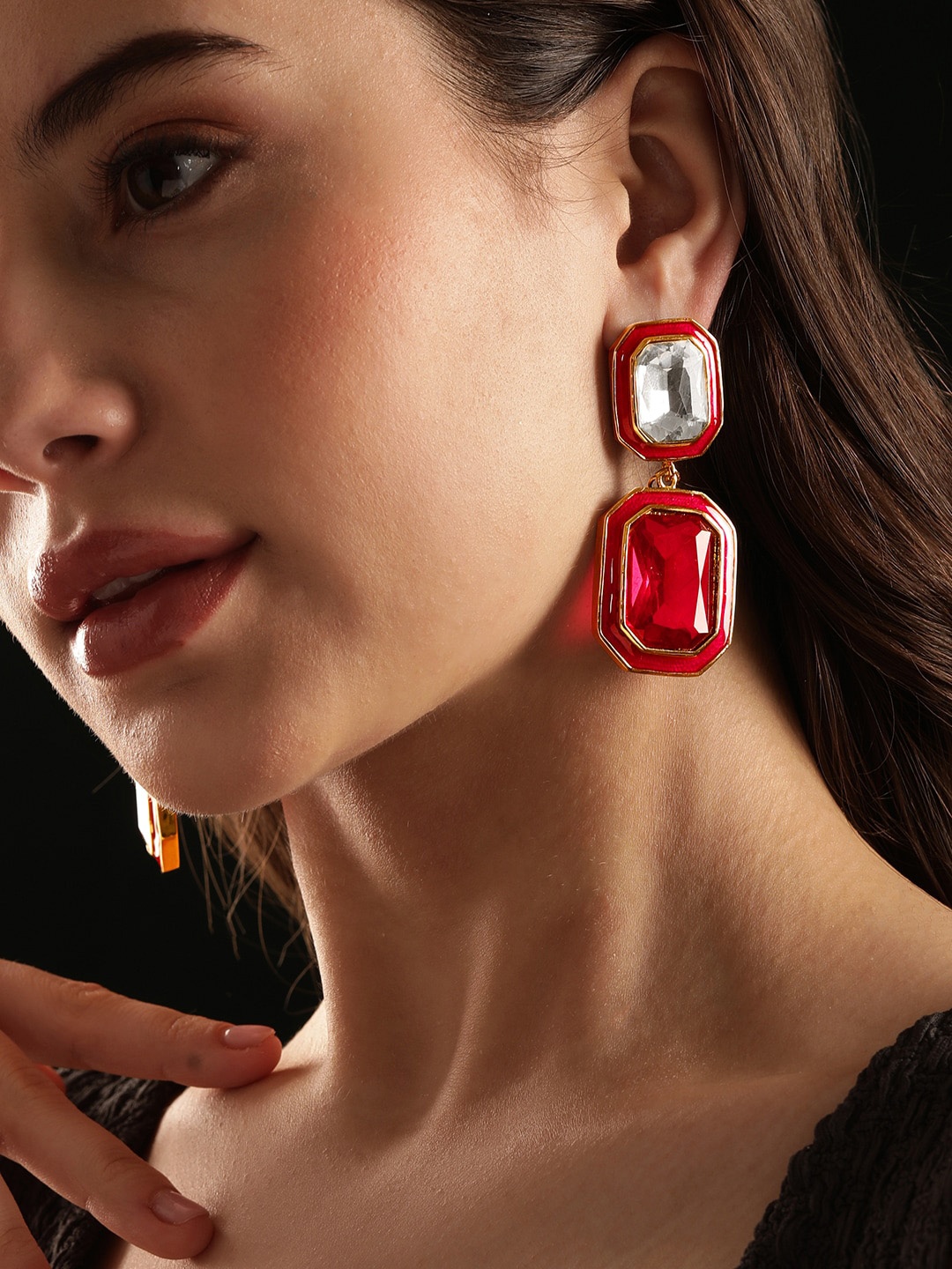 

Rubans Gold Plated Ruby Crystal Teardrop Shaped Drop Earrings