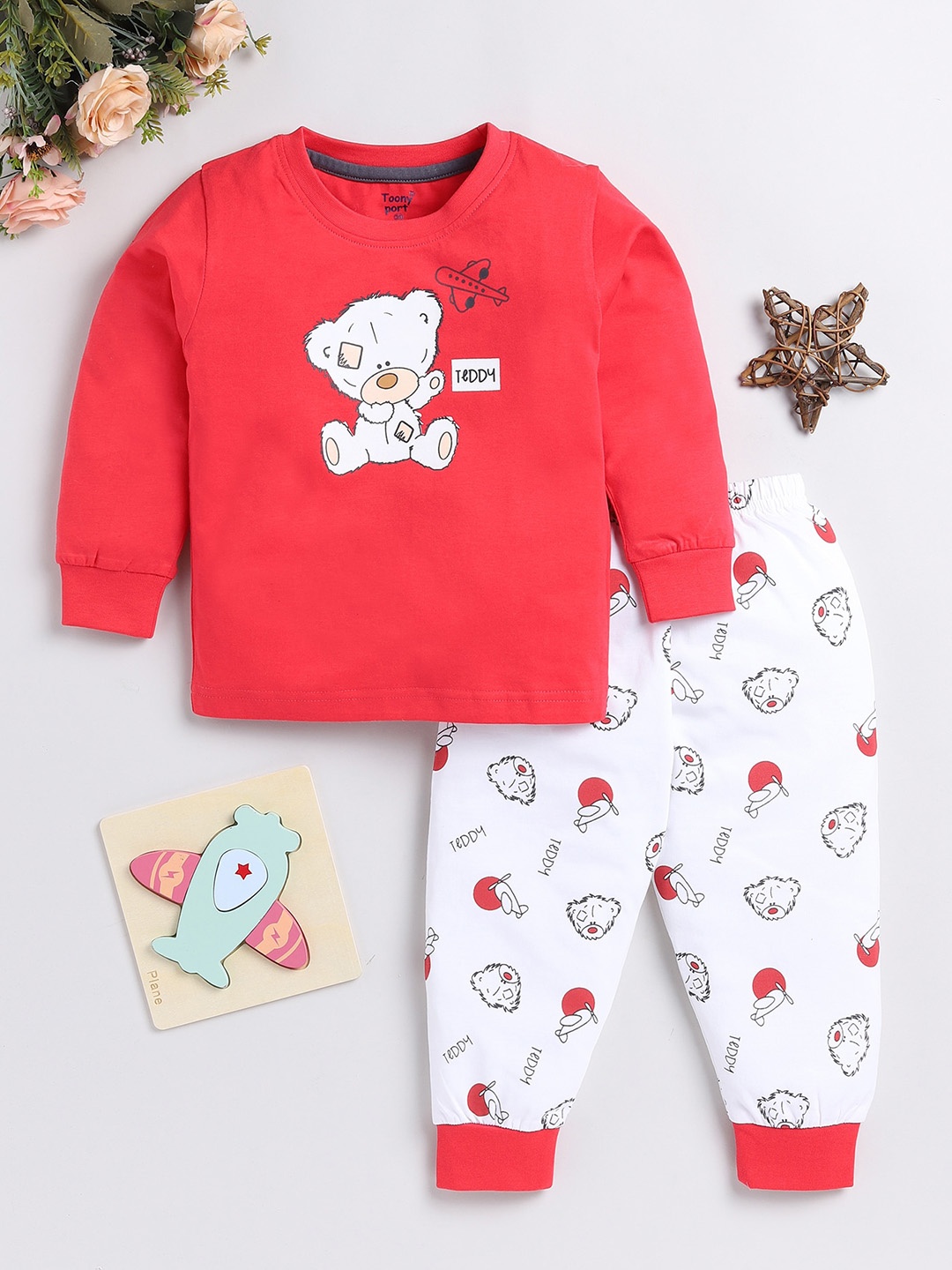 

Toonyport Boys Printed Pure Cotton T-shirt with Trousers, Red