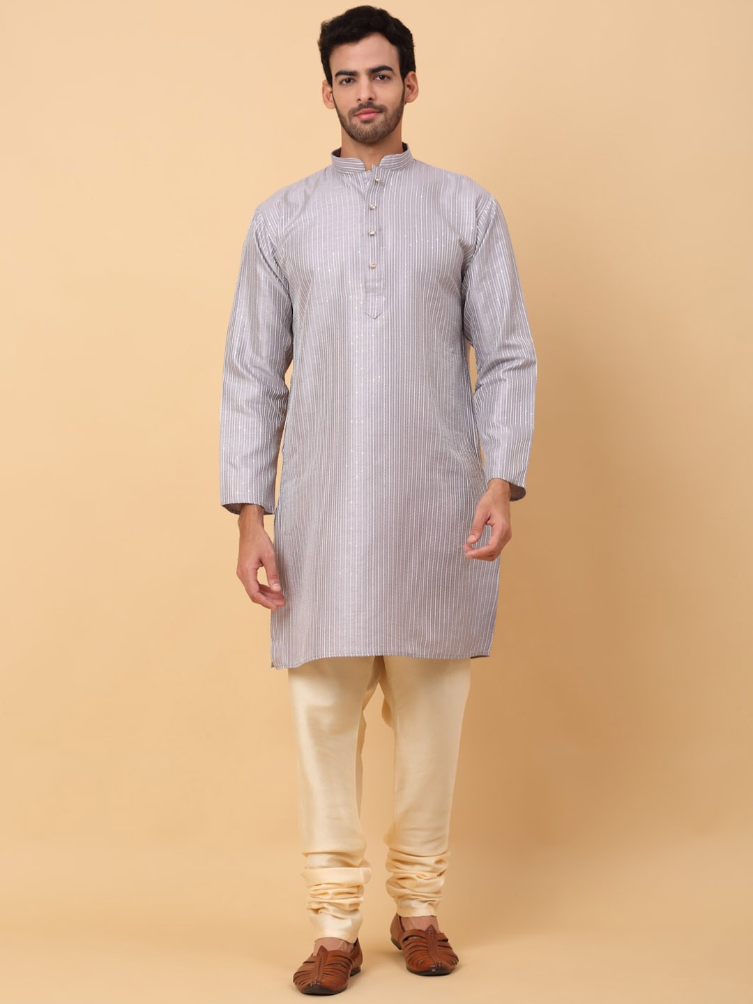 

KRAFT INDIA Striped Mandarin Collar Sequinned Regular Kurta with Churidar, Grey
