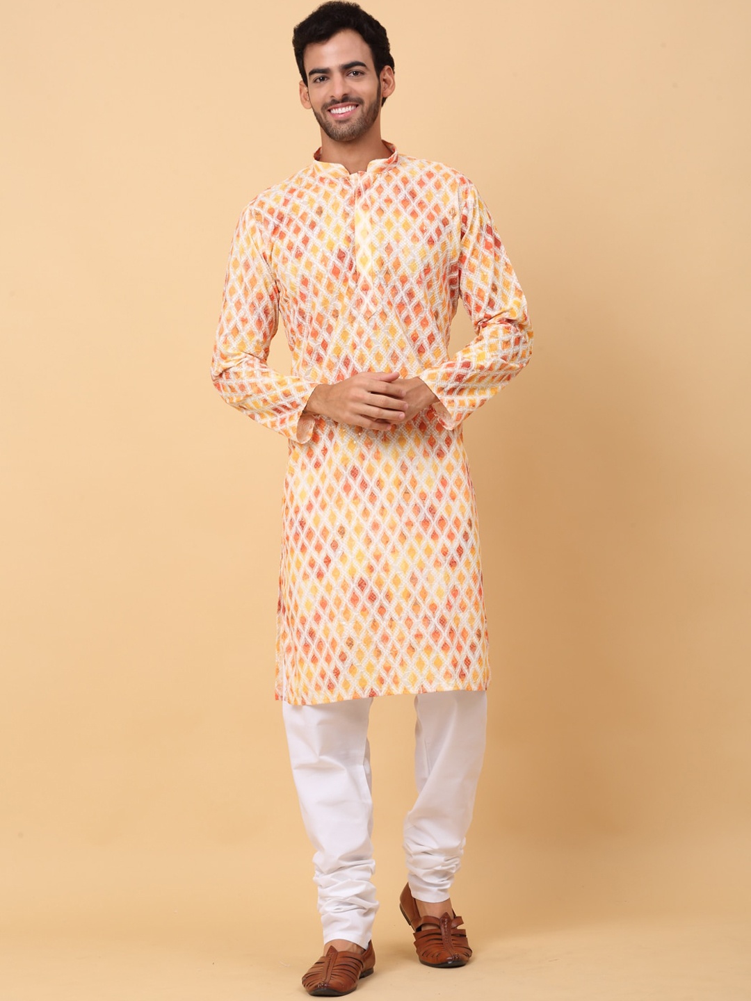 

KRAFT INDIA Ethnic Motifs Printed Regular Chikankari Kurta with Churidar, Yellow