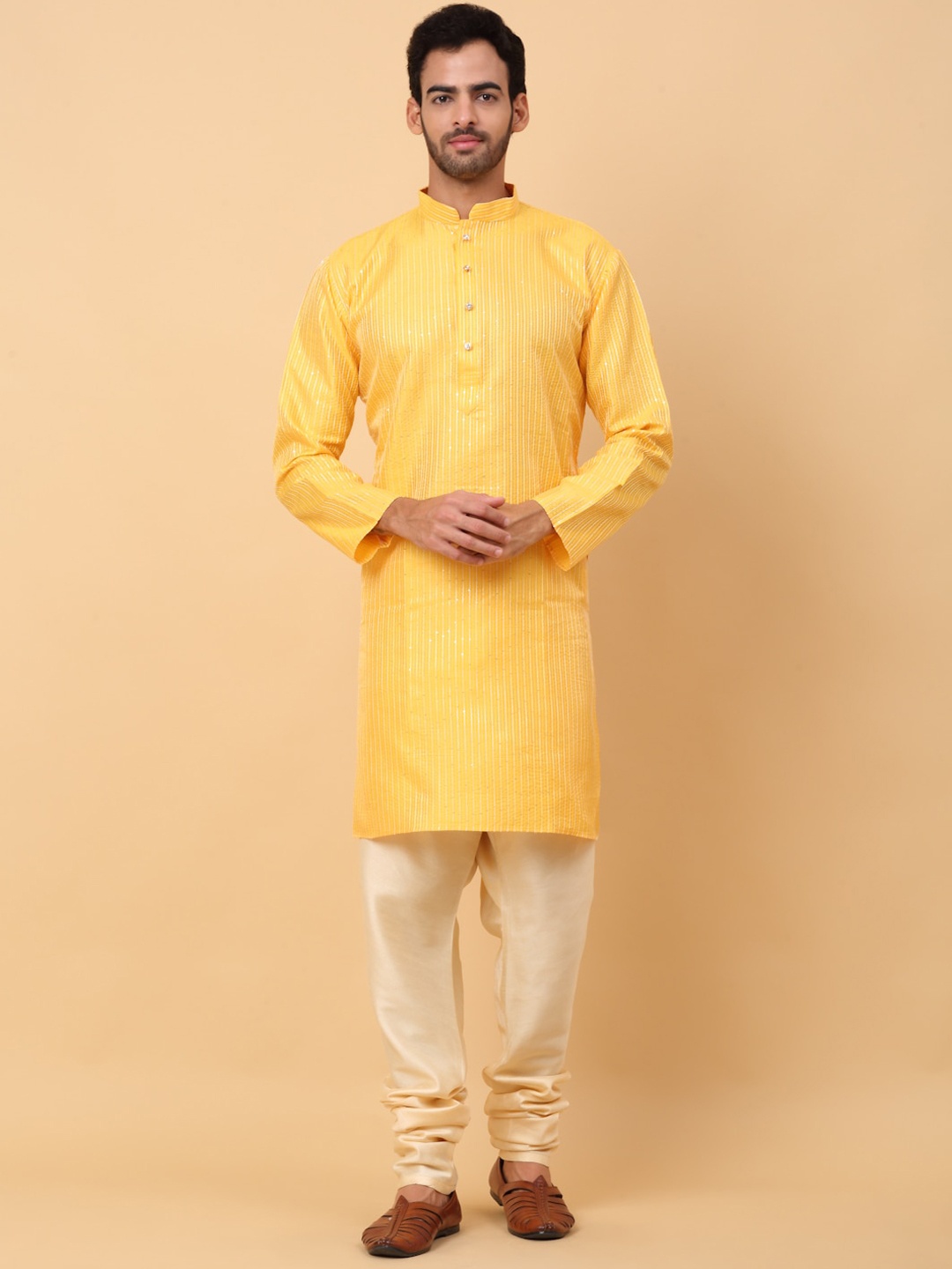 

KRAFT INDIA Striped Sequinned Regular Kurta with Churidar, Yellow