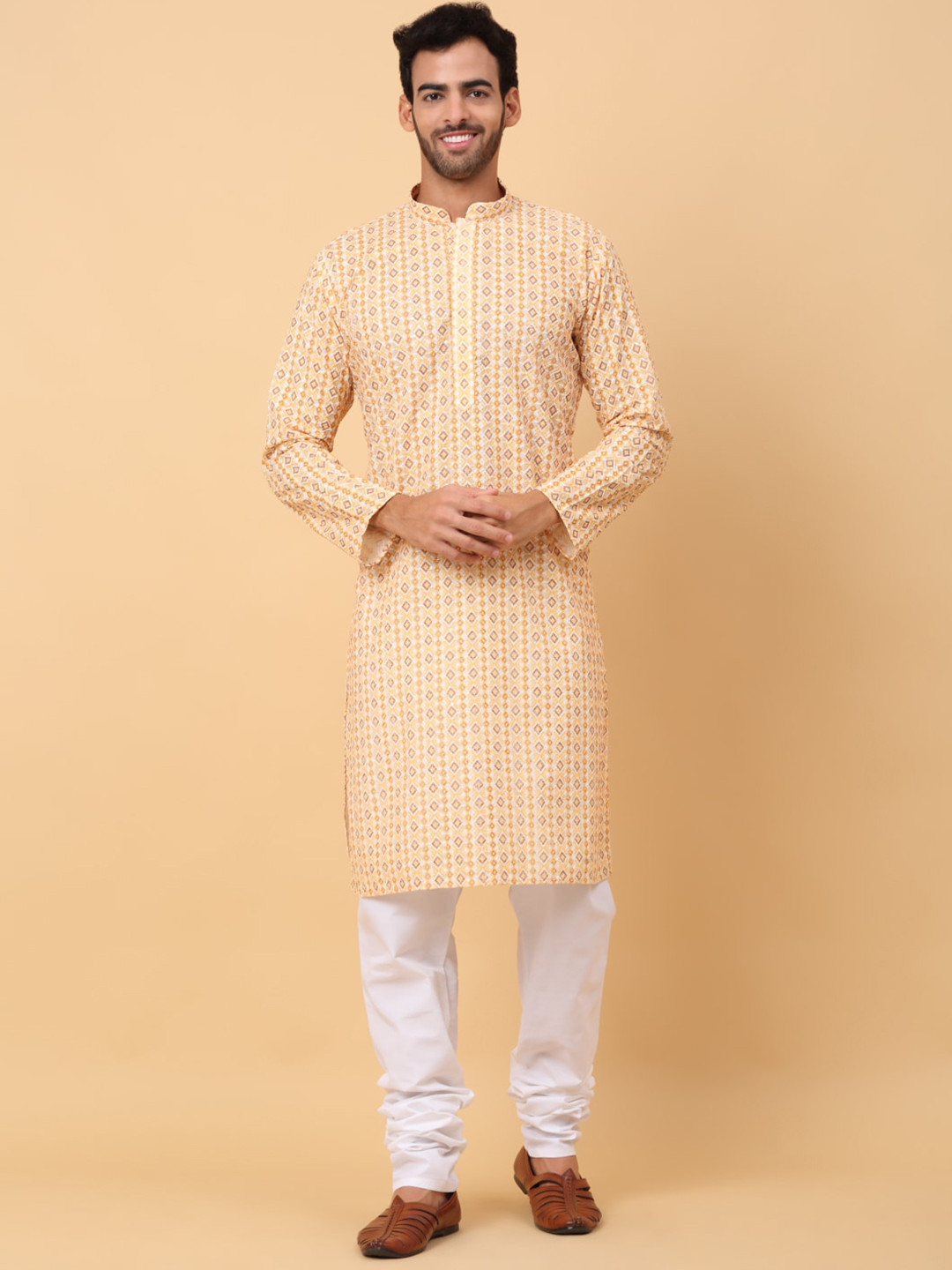 

KRAFT INDIA Geometric Printed Regular Chikankari Kurta with Churidar, Mustard