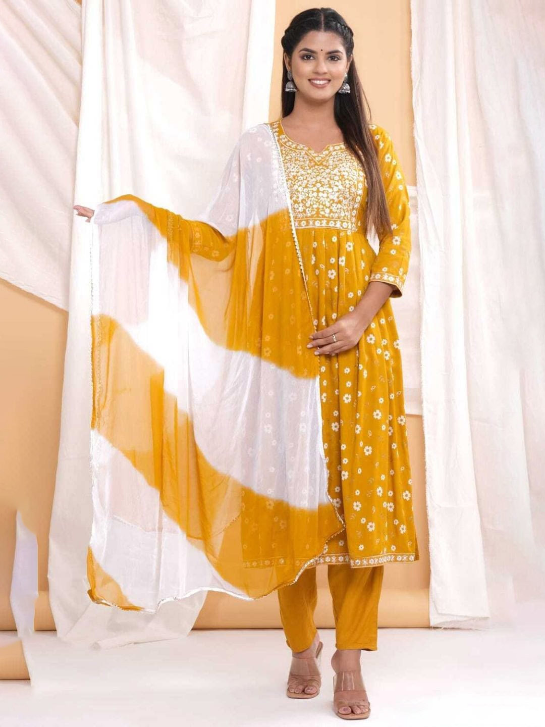 

Karagwals fab Floral Printed Empire Sequinned Kurta with Trousers & With Dupatta, Mustard