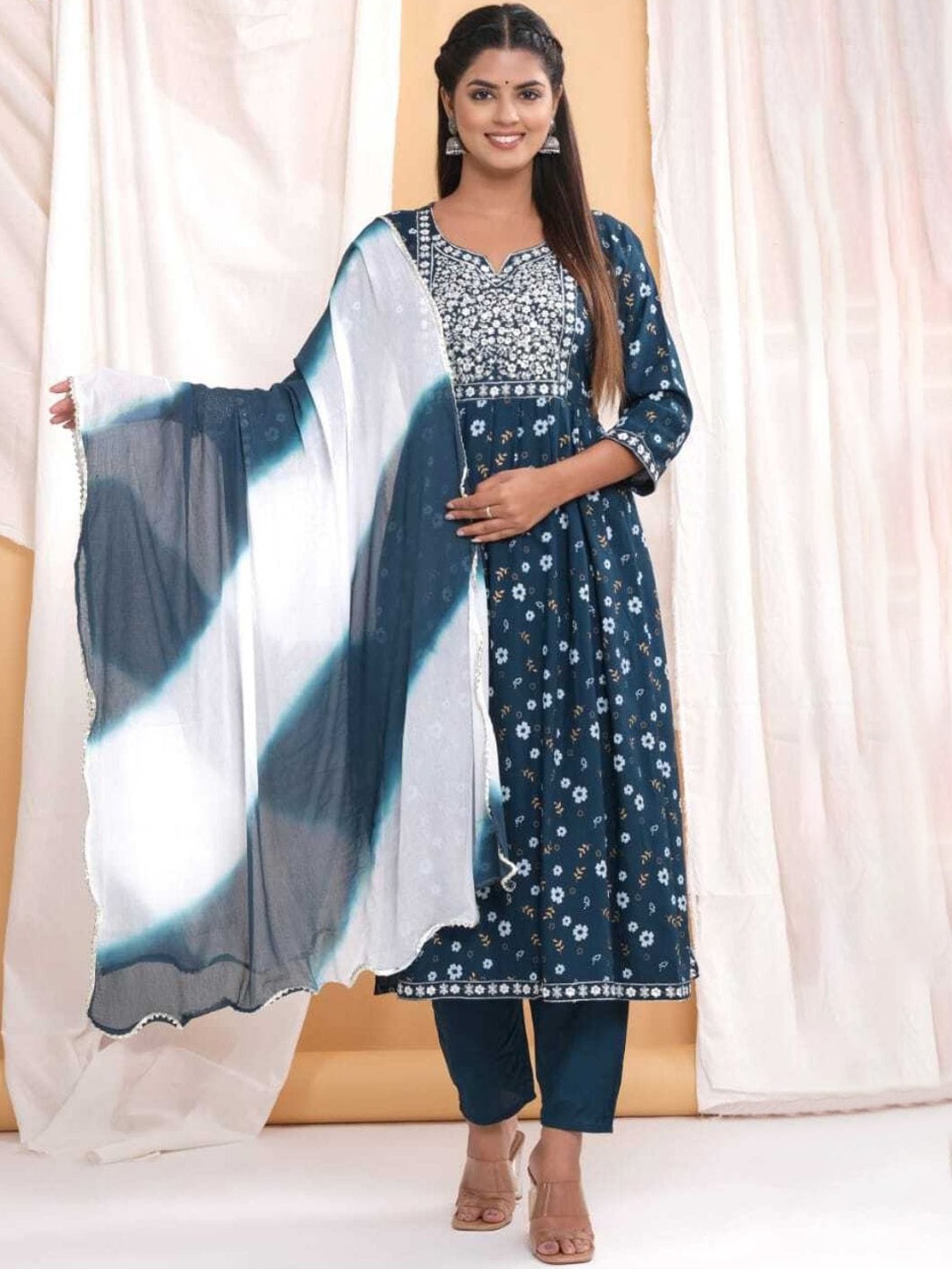 

Collection Rj23 Floral Printed Thread Work Pleated A-Line Kurta & Trouser With Dupatta, Blue