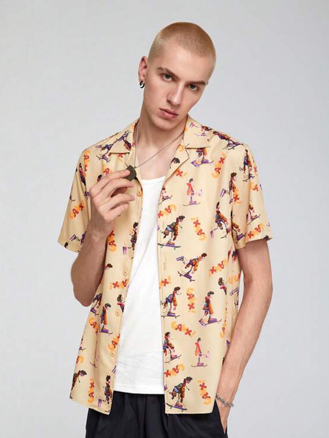 

BAESD Smart Conversational Printed Spread Collar Casual Shirt, Beige