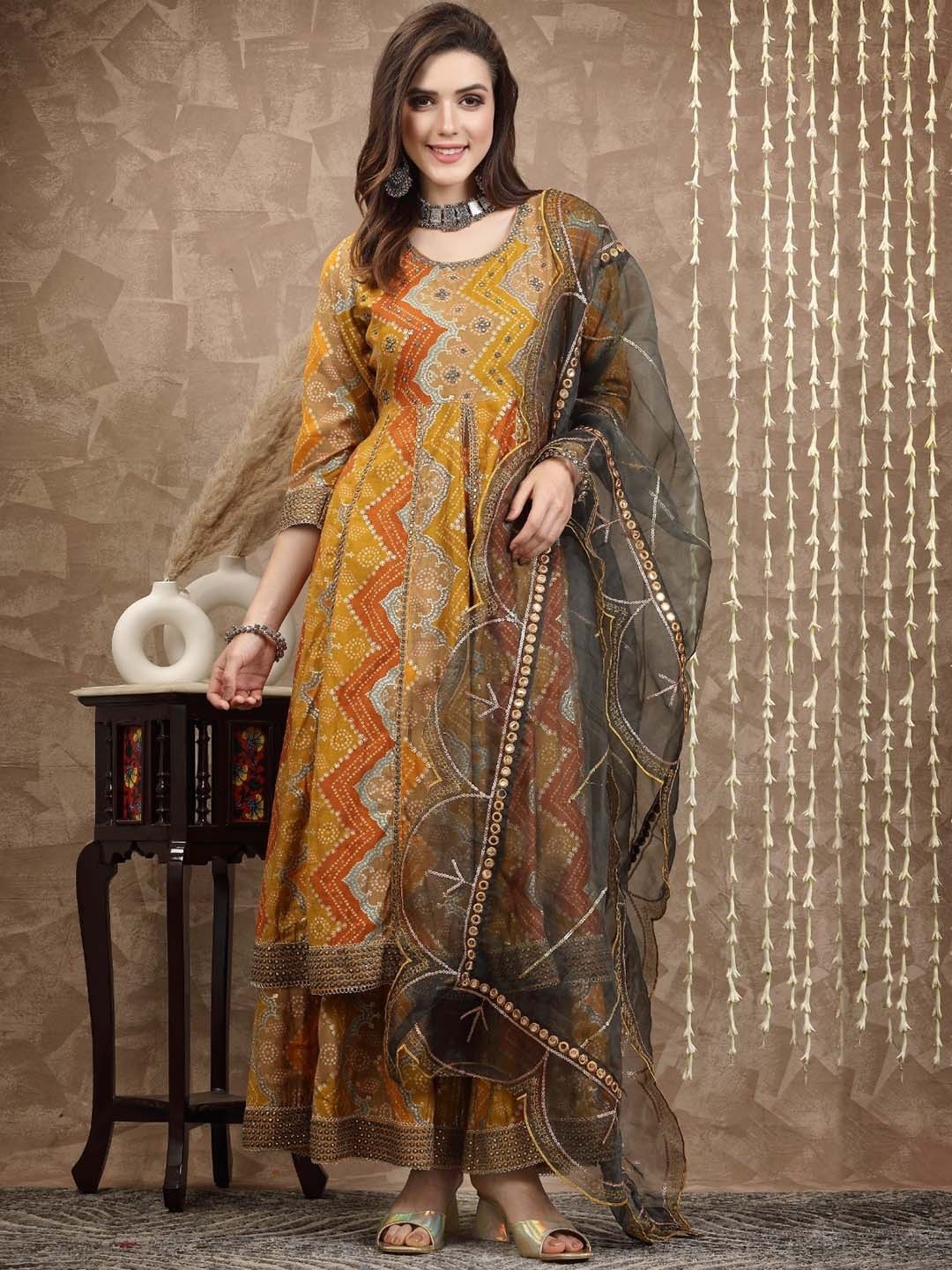 

Sangria Ethnic Motifs Printed Mirror Work Anarkali Kurta With Palazzo & Dupatta, Mustard