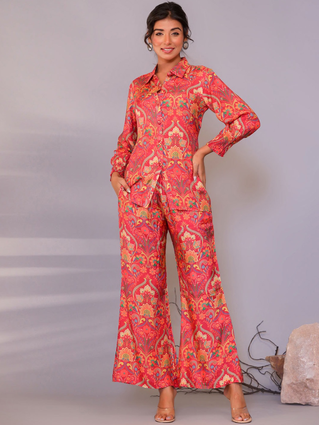 

Meena Bazaar Ethnic Motifs Printed Shirt Collar Shirt With Palazzo, Pink