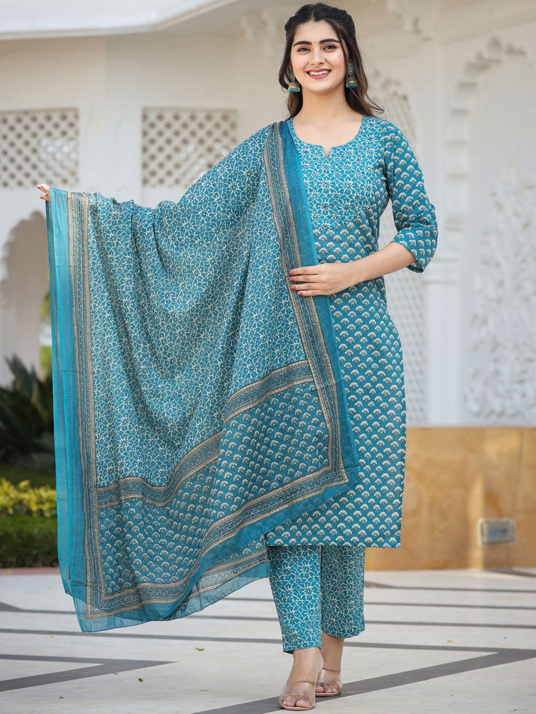 

Meena Bazaar Ethnic Motifs Printed Kurta With Trousers & Dupatta, Blue