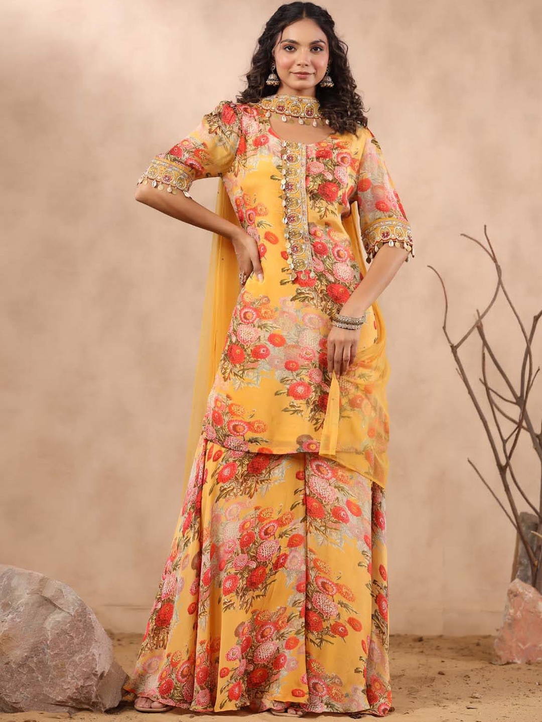 

Meena Bazaar Floral Printed Regular Beads and Stones Kurta With Palazzos & Dupatta, Mustard