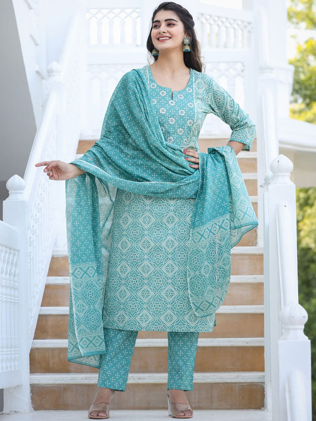 

Meena Bazaar Ethnic Motifs Printed Kurta With Trousers & Dupatta, Sea green